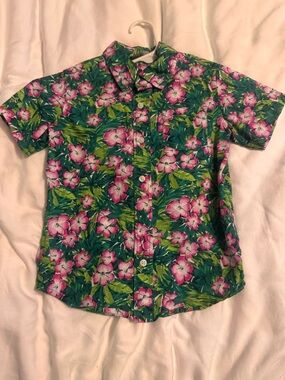 Janie and Jack Green Short-Sleeve Button-Down with Pink Floral Print